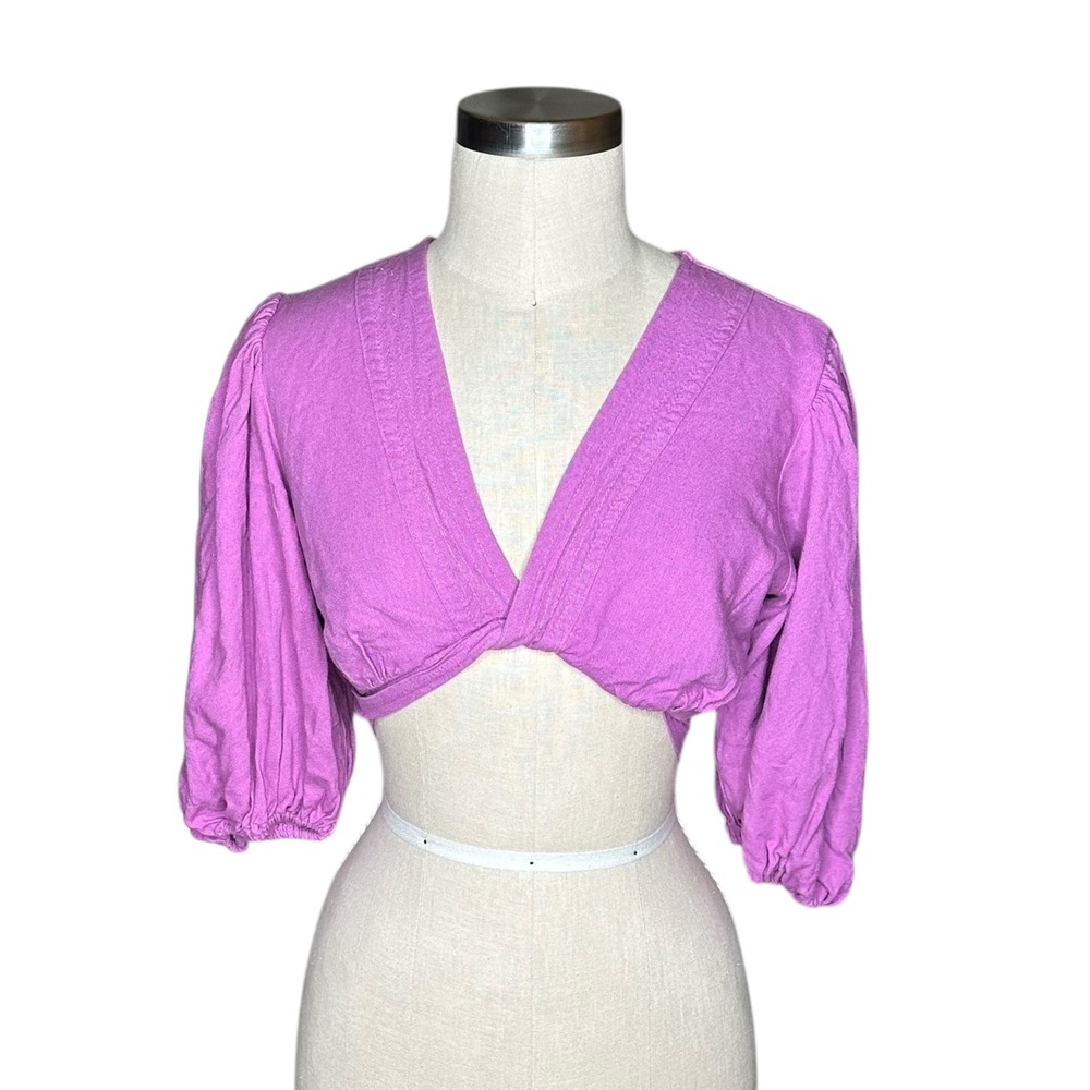 FARM Rio Cropped Twist Linen Wrap Top Purple Puff Sleeve Tie Back Size P XS